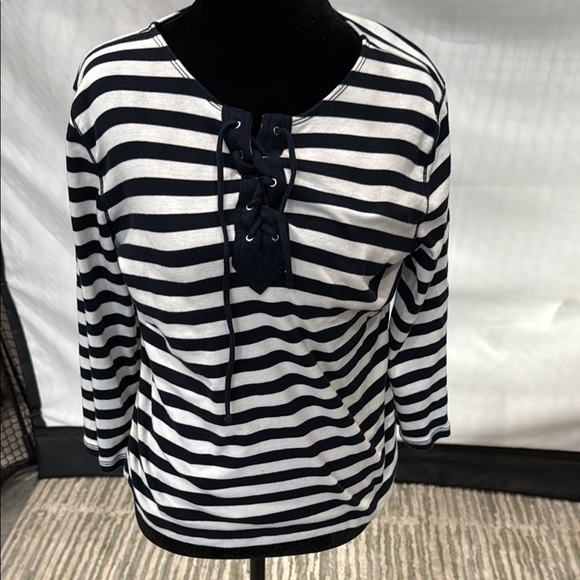 Chaps cotton navy and White 3/4 Sleeve Tie Front Blouse - Picture 1 of 3